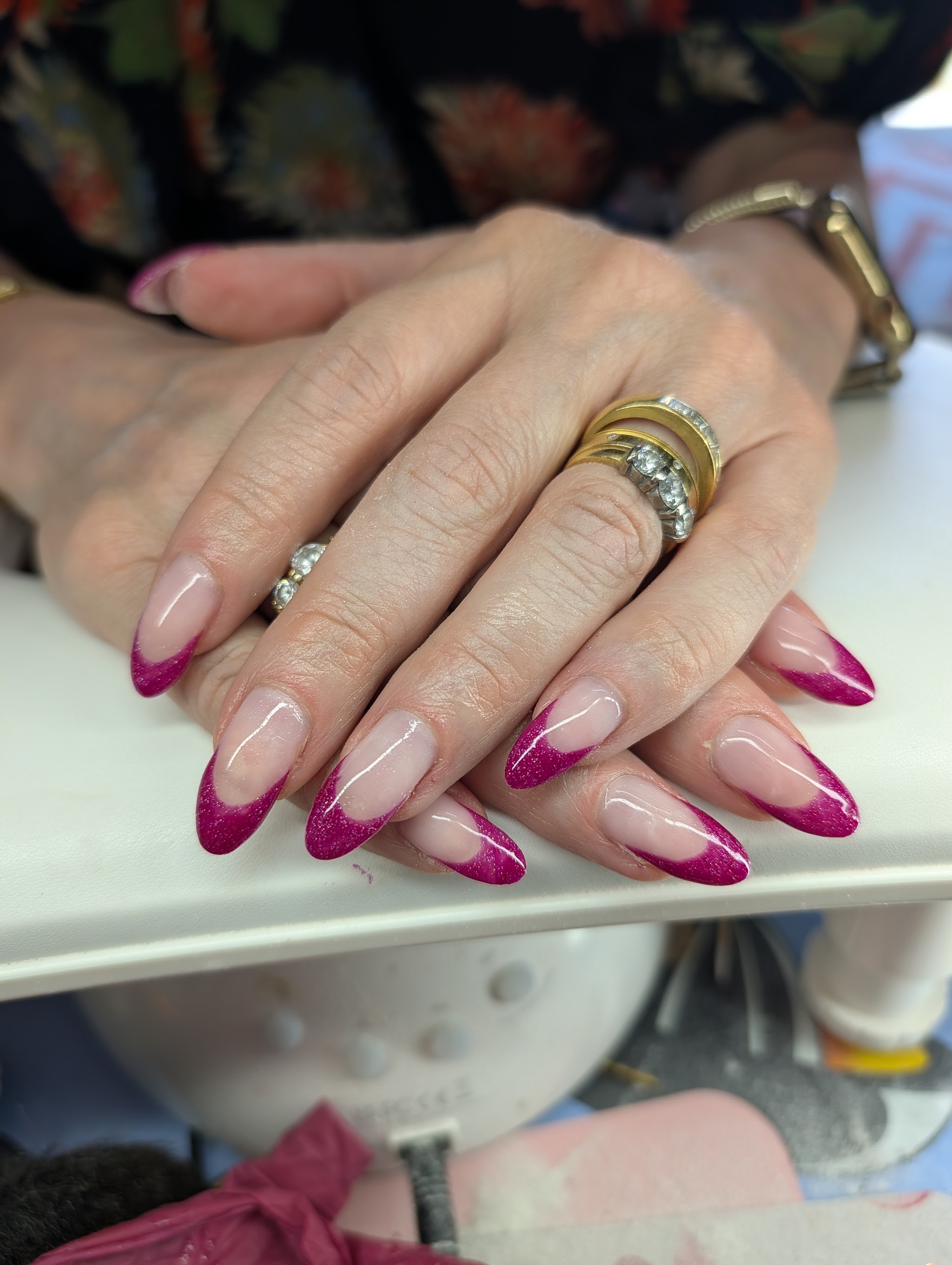 Berry French tips on long almond nails